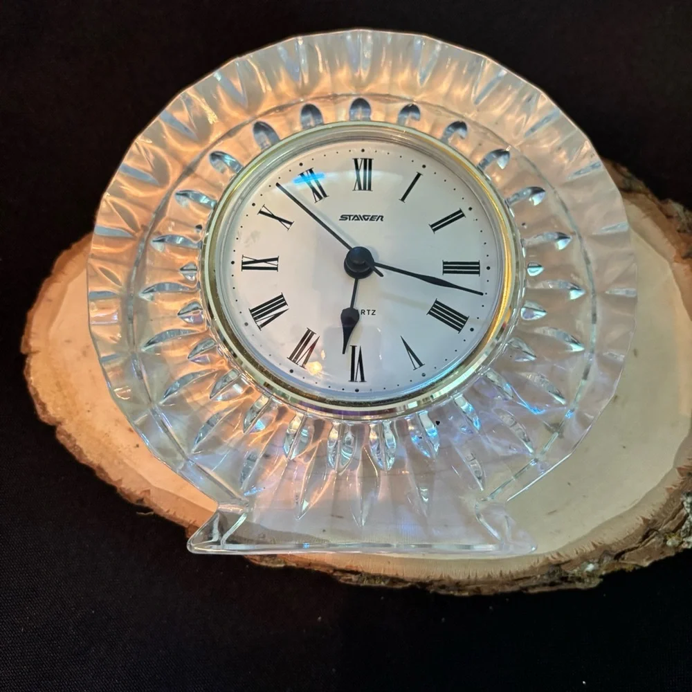 Vintage Crystal Table Clock with Black and Gold Accents